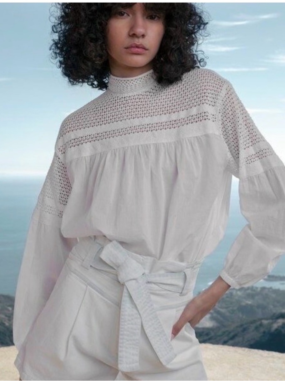 A.L.C. High-Neck Lace Yoke White Blouse Size 6
